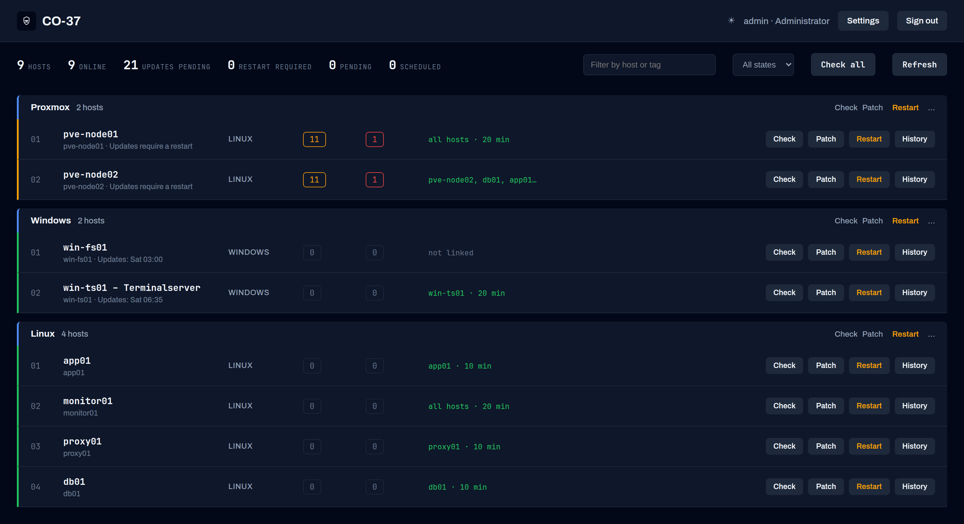 CO-37 dashboard: host list grouped by Proxmox, Windows and Linux, with update and security status per host